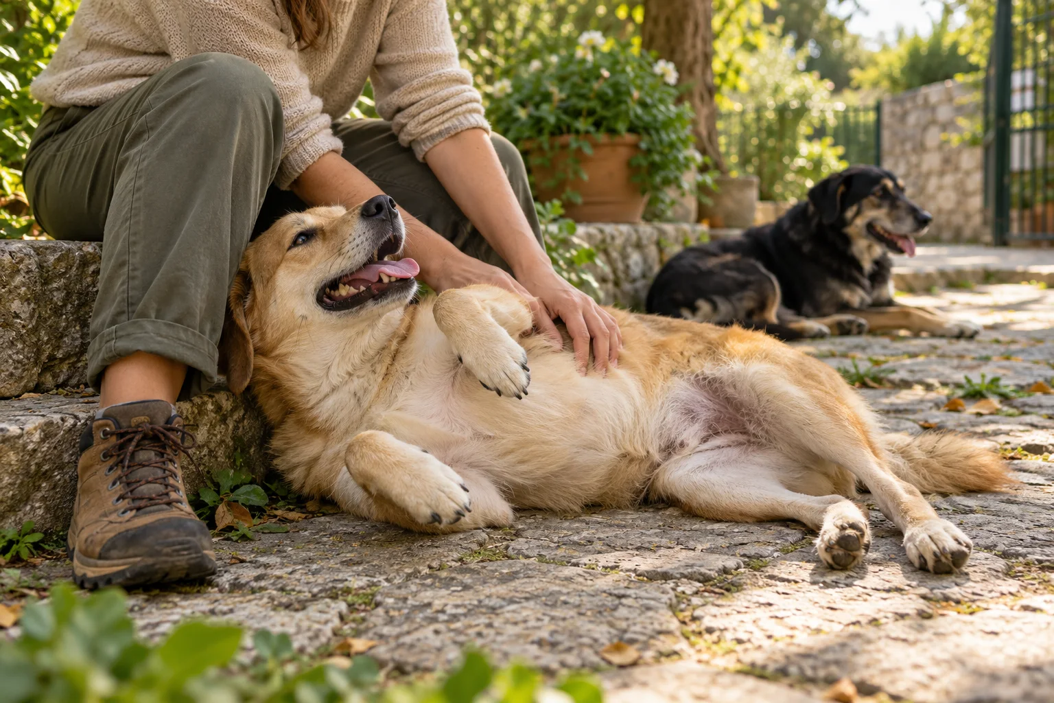 A volunteer spending time with shelter dogs