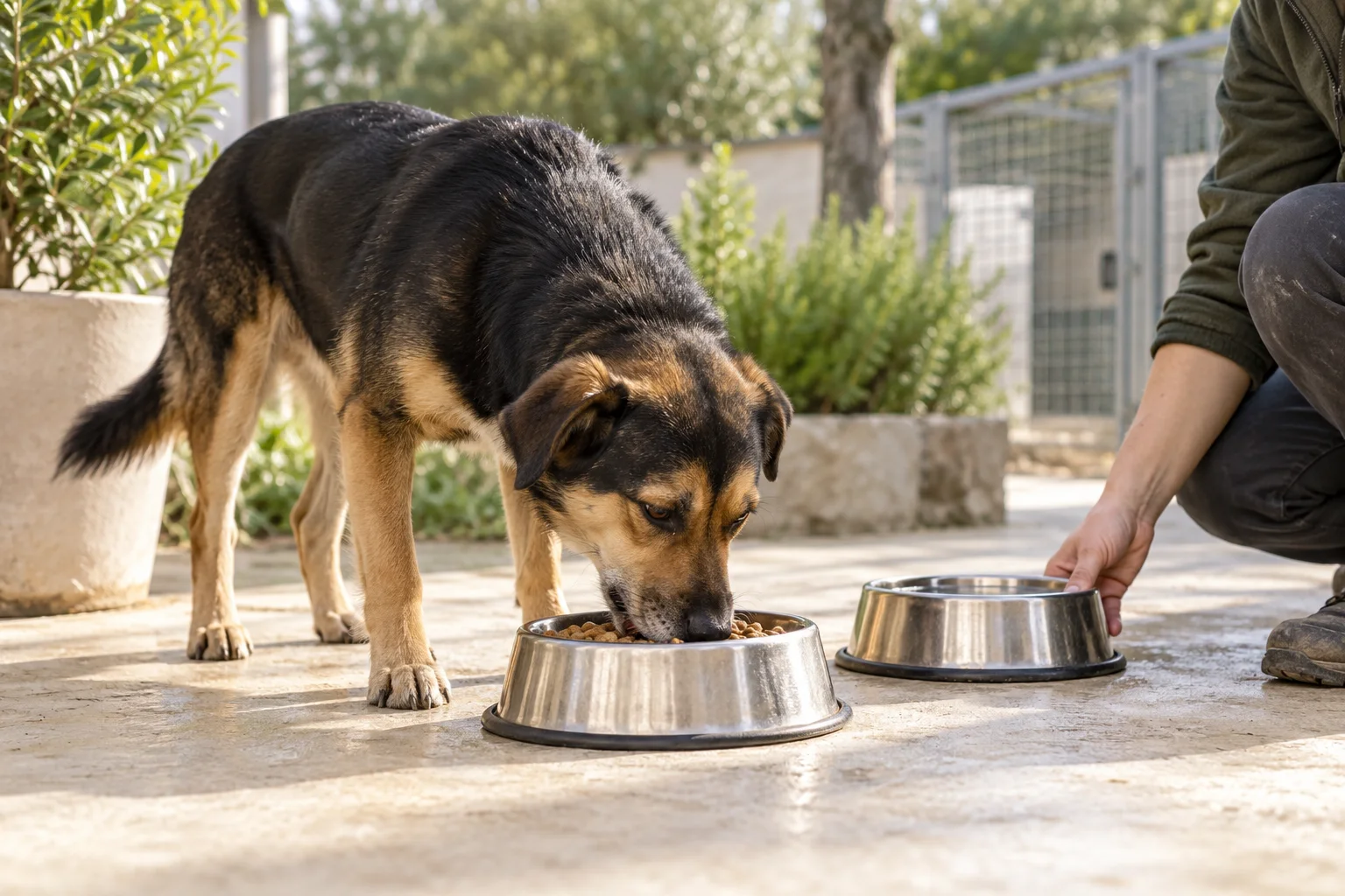 Dog eating from a bowl in the shelter courtyard