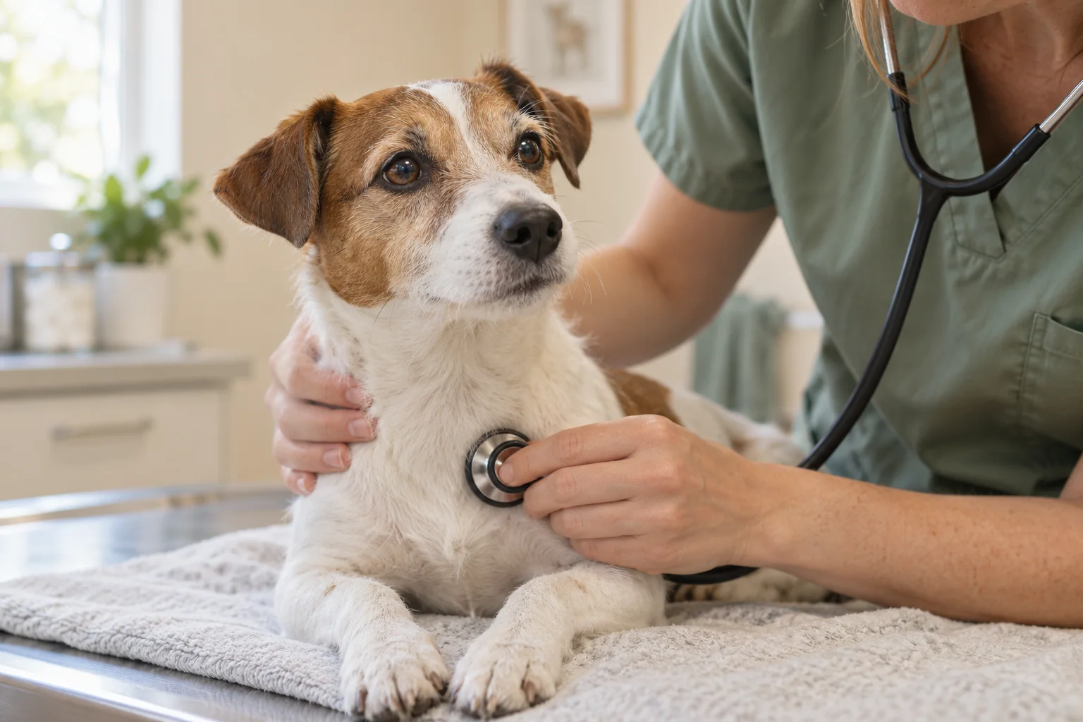 Terrier receiving a gentle veterinary examination